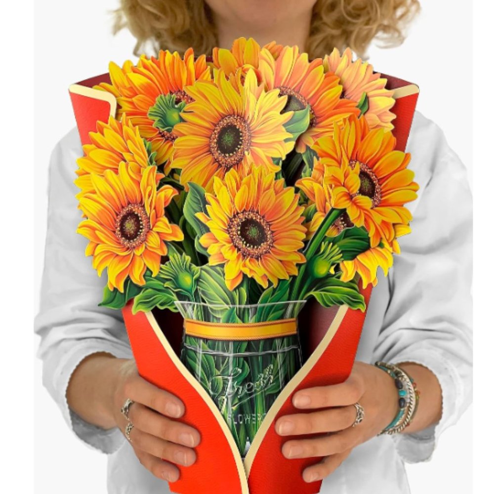 NWT Sunflower Bouquet 3D GREETING CARD - CUT PAPER FLOWERS; 12 in tall- Mailable